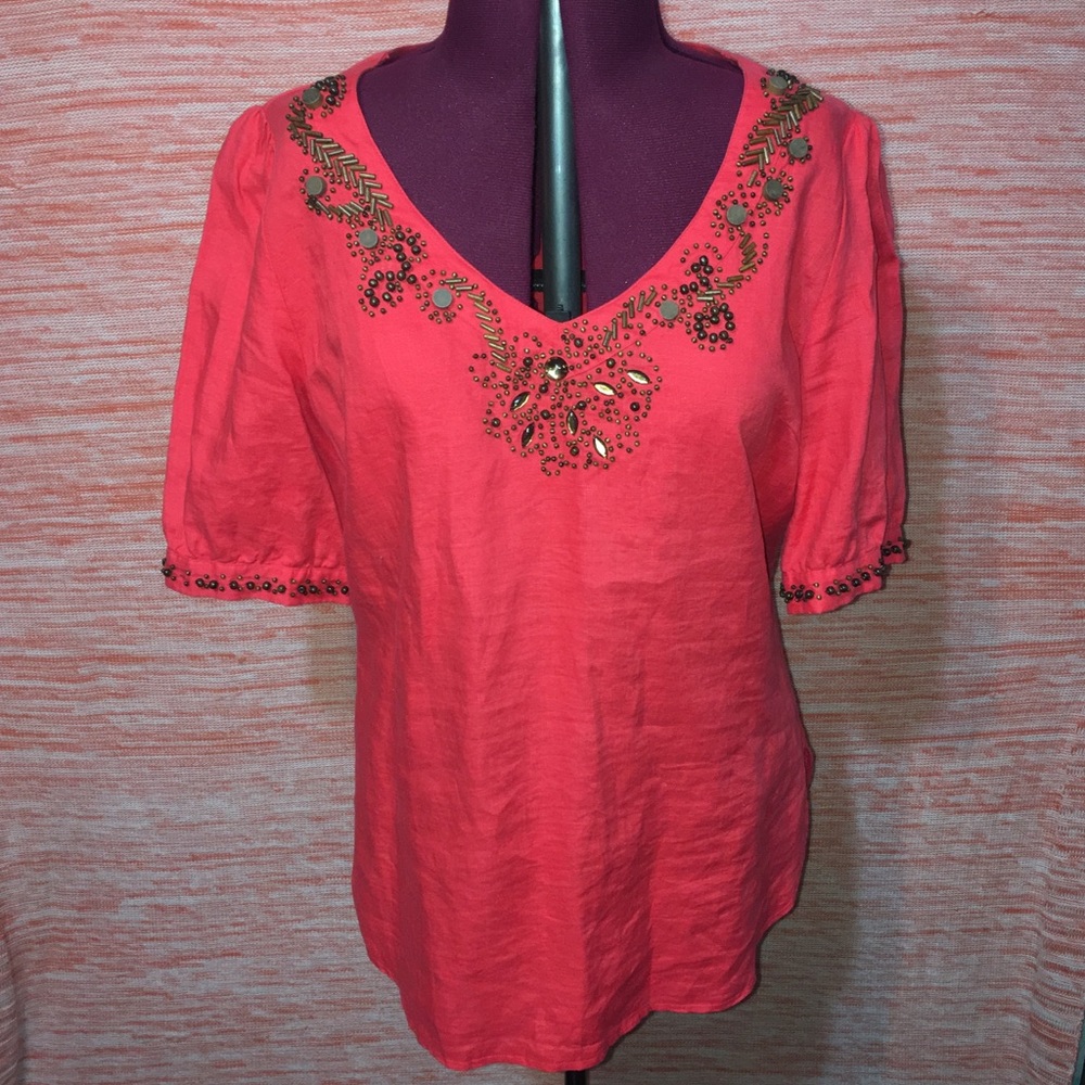 Red Embellished Linen V-Neck
